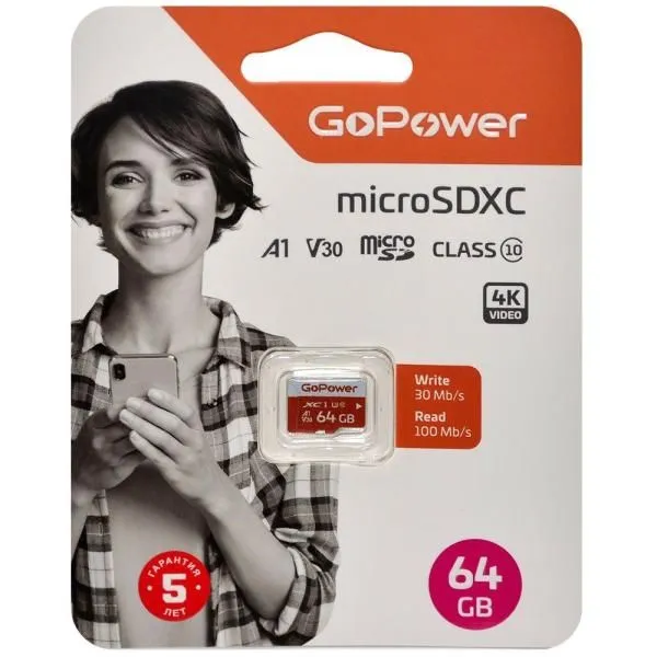 64GB GoPower MicroSDHC UHS-I U3 V30 class 10 без адаптера