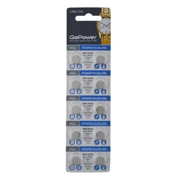 Батарейка AG6/LR920/LR69 часовая GoPower (блистер/10шт)